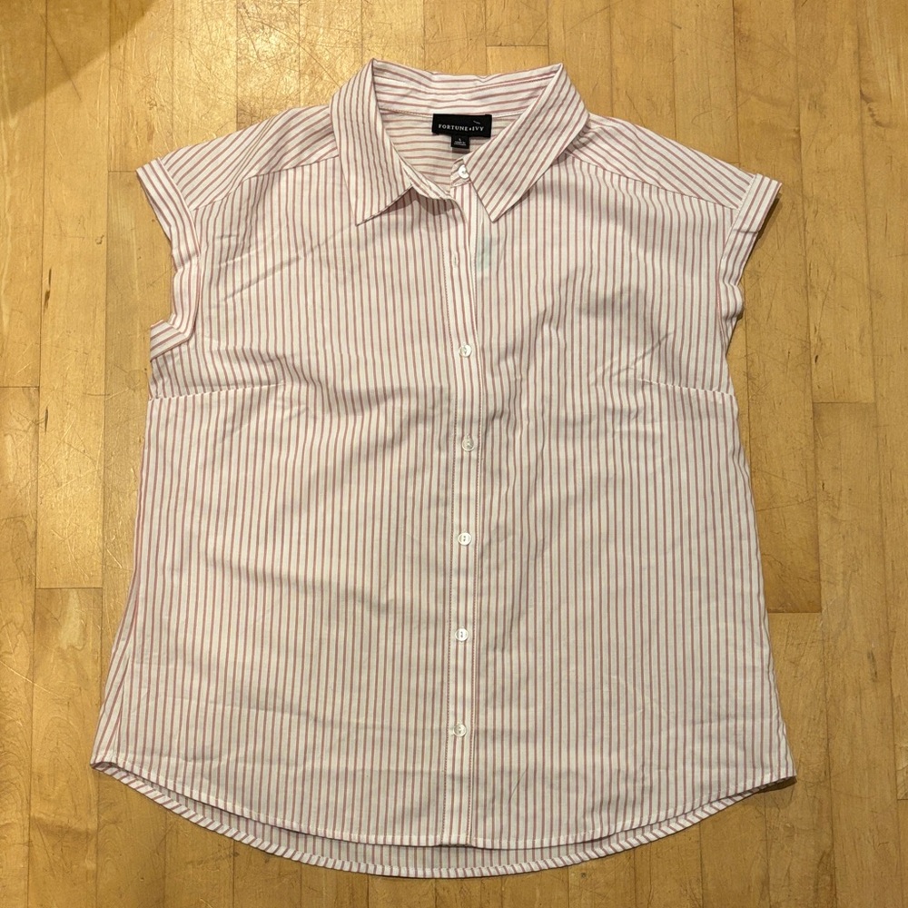 Pink and White Striped Sleeveless Blouse, L
